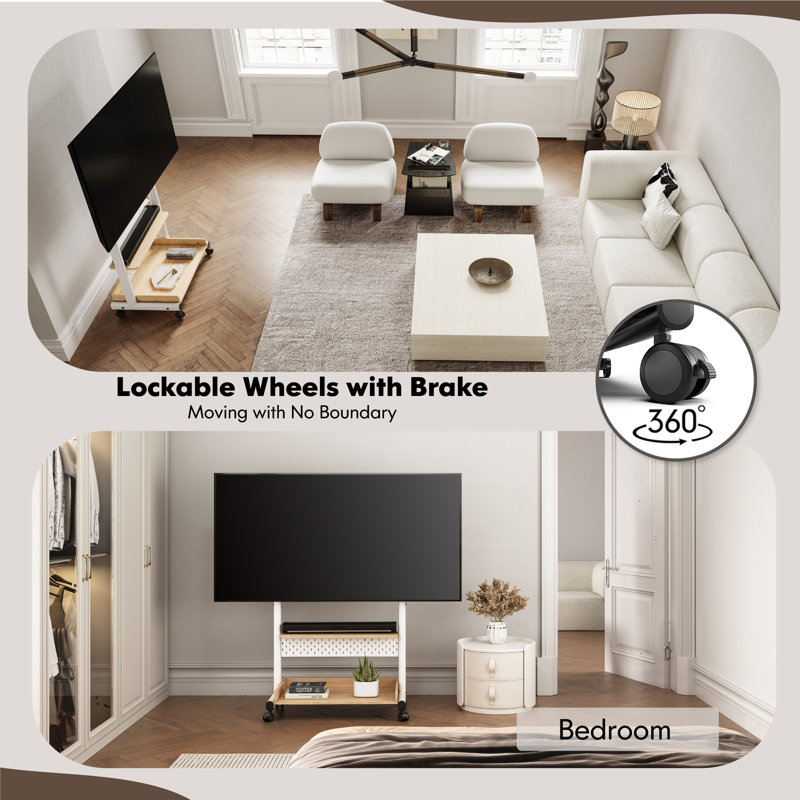 Modern Portable Sturdy Rolling TV Stand Mount for 40 85 Inch TVs Mobile TV Stand Cart with Wooden Shelf Holds Up to 132 Lbs White